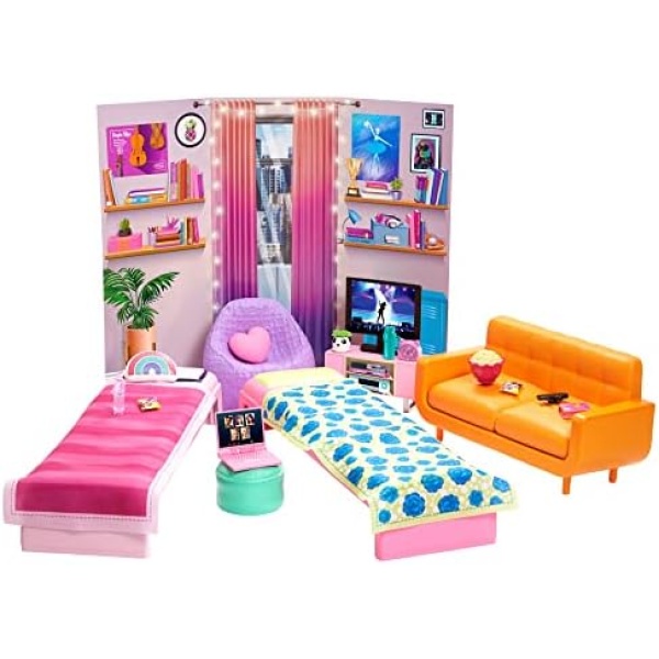 Barbie: Big City, Big Dreams Dorm Room Playset with 2 Beds, Couch, Bean Bag Chair, Bedroom Furniture, Decor & Accessories, Gift for 3 to 7 Year Olds