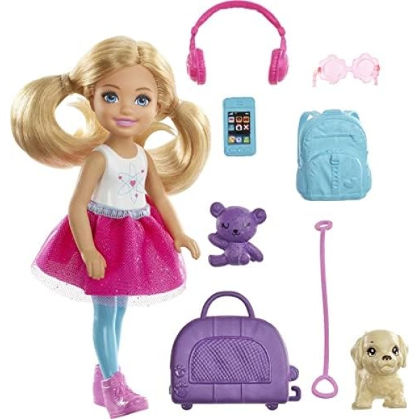 Barbie Dreamhouse Adventures Doll & Accessories, Travel Set with Blonde Chelsea Small Doll, Puppy, Carrier & Backpack That Opens