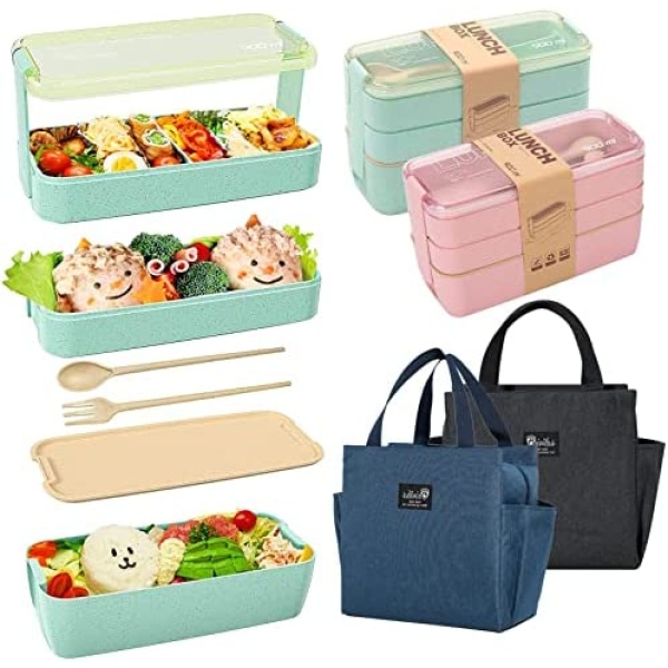 Bento Box Lunch Containers, 3 Tier Japanese Bento Lunch Boxes with Lunch Bag, Divider, Spoon Fork, BPA Free Microwaveable Meal Prep Containers, Snack Food Storage Case for Study, Work, Picnic, Camping