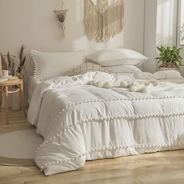 Boho Duvet Cover Set Queen Size White Pom Pom Bedding Set Cute White Ball Fringe Bohemian Farmhouse Bedding Sets 3 Pieces (Queen, White)