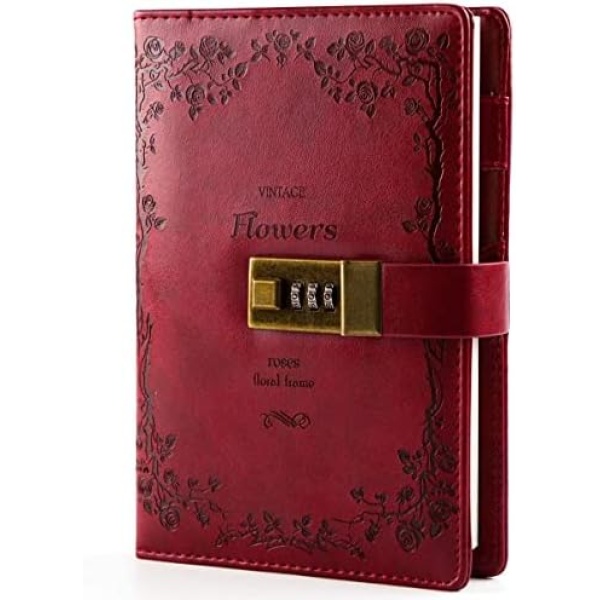 CAGIE Diary with Lock for Women Lockable Secrets Journal , Embossed Design Ruby Red Cover, 120 GSM 224 Pages Thick Refillable Journal with Lock for Adults Kids