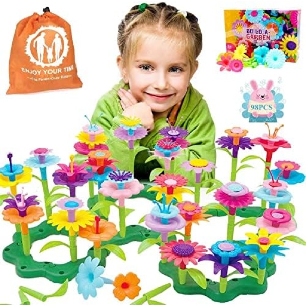 COSILY Flower Garden Building Toys, Growing Flower Blocks Playset for Kids, 98 PCS Educational Pretend Play Set Preschool Activity Gift for Age 3, 4, 5, 6, 7 Years Old Toddler Boys Girls (98 PCS)