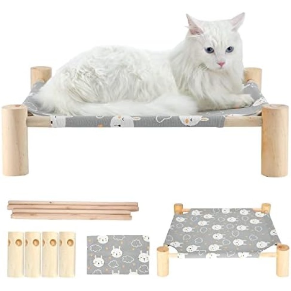 Cat Hammock Bed, TUSATIY Solid Wooden Removable Washable Cat Bed, Elevated Pet Sleeping Bed Breathable Fit for Cats and Puppies | Easy to Assemble (Rabbit)