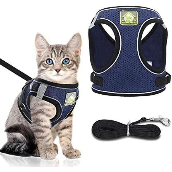 Cat Harness with Leash Escape Proof: Adjustable Soft Vest Harness Breathable Kitty Holster Harness Set with Reflective Strips for Kitten Extra Small Puppy Outdoor Walking Travel (XS, Navy)