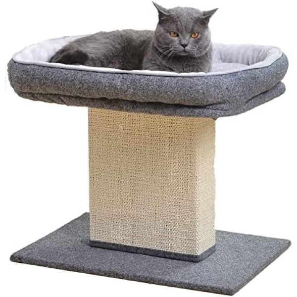 Catry Cat Bed with Scratching Post - Minimalist Style Design of Cat Tree with Cozy Cat Bed and Teasing Scratching Post, Allure Kitten to Stay Around This Sturdy and Easy to Assemble Cat Furniture