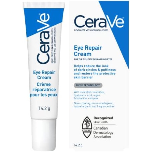 CeraVe EYE CREAM with Hyaluronic Acid for Under Eye Dark circles & Puffiness, Ophthalmologist Tested for Sensitive Eye Area, Fragrance Free, 14.2 Grams