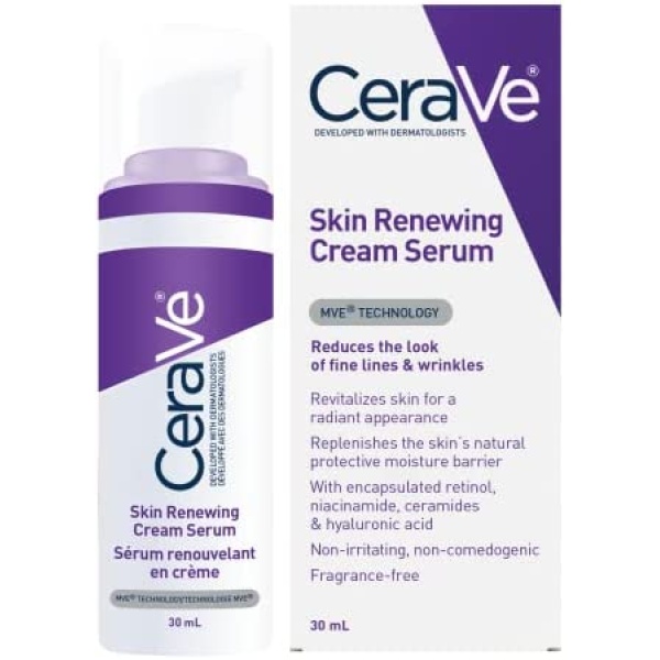 CeraVe RETINOL Cream Serum for Face with niacinamide, hyaluronic acid & ceramides. For Fine Lines, Radiance & Wrinkles. Non-irritating, Fragrance-Free, non-comedogenic, 30ML