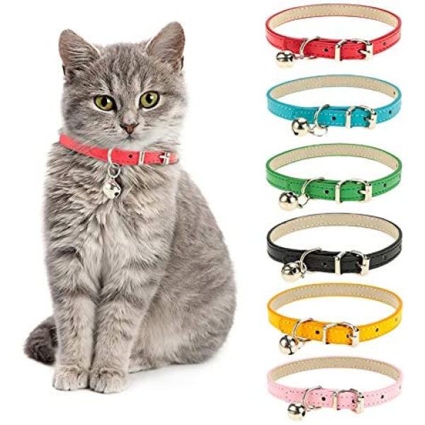 Chenkaiyang Cat Collars Leather with Removable Bell Polished Durable Metal Buckle Soft and Adjustable for Cats Puppy Small Medium Dogs (6 Pack)