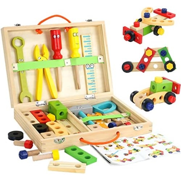 Construction Toys for 3 Year Old, Montessori Wooden Tools Box Building Toys for 3+ Gifts for 3 4 5 Year Old Boys Girls