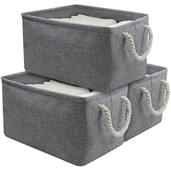 Cotton Storage Basket Container with Strong Cotton Rope Handle, Foldable Cabinet Cube Organizer Bin, Gray, Polyester Lining, 3-Pack, Gray