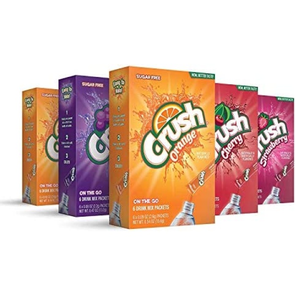 Crush, Classic Variety Pack– Powder Drink Mix - (5 Boxes, 30 Sticks) – Sugar Free & Delicious