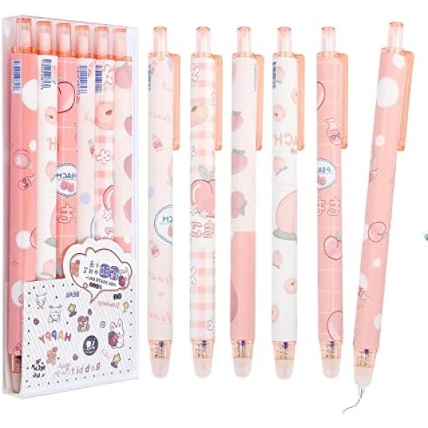 Cute Erasable Gel Pens, MEQUER Retractable Gel Pens for School Office Supplies, 0.5mm Fine Point, Blue Ink - 6 Pack/Peach