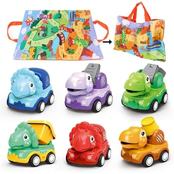 Dinosaur Toy Car for 1+Year Old Boy, 6PCS Pull Back Construction Vehicles for Toddler, Baby Friction Power Truck Birthday Gift, Cartoon Dino Toy Cars for Kids 3-5