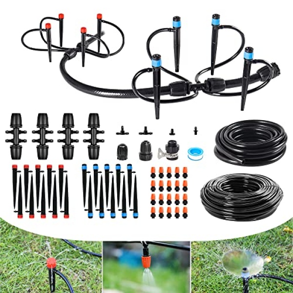 Drip Irrigation Kit, 169FT Greenhouse Watering System, 1/4 inch Automatic Patio Misting System for Garden with Distribution Tubing Hose & Adjustable Nozzle Emitters Sprinkler Barbed Fittings