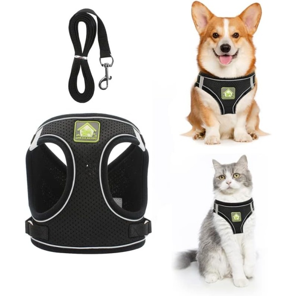 Exryhon Dog Harness Cat Harness with 1.5m Leash,Adjustable Harness and Leash for Cat and Small and Medium-Sized Dogs,Breathable Fabric & Night Reflective Strips,1 Pack Black,Size XS