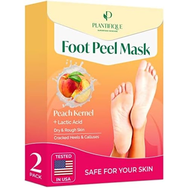 Foot Peel Mask with Peach by Plantifique - 2 Pack Peeling Foot Mask Dermatologically Tested - Repairs Heels & Removes Dry Dead Skin for Baby Soft Feet - Exfoliating Foot Peel Mask for Dry Cracked Feet