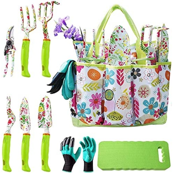 Gardening Gifts for Women-Garden Tool Set Heavy Duty Aluminum Gardening Hand Tools Kit with Gardening Gloves, Garden Tote, Kneeling Pad, Hand Pruner,Trowel, Hand Rake, Weeder, Fork, Transplanter