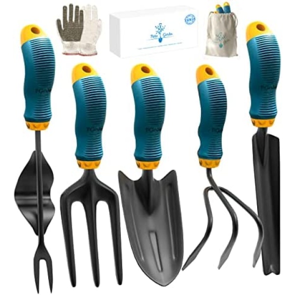 Gardening Tools Set from Alloy Steel - Heavy Duty Garden Tool Set with Light & Rubber Non-Slip Handle - Gardening Tool Kit - Ergonomic Garden Hand Tools - Gardening Gifts for Men and Women