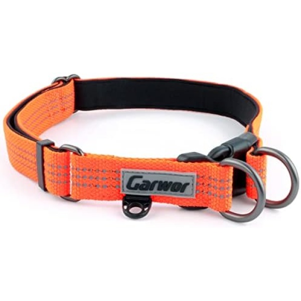 Garwor Reflective Dog Collar with Double D-Ring, Soft Neoprene Padded, Extra ID Tag D-Ring Attached, Buckle Adjustable Safety Nylon Pet Collars for Large Dogs(L, Orange)