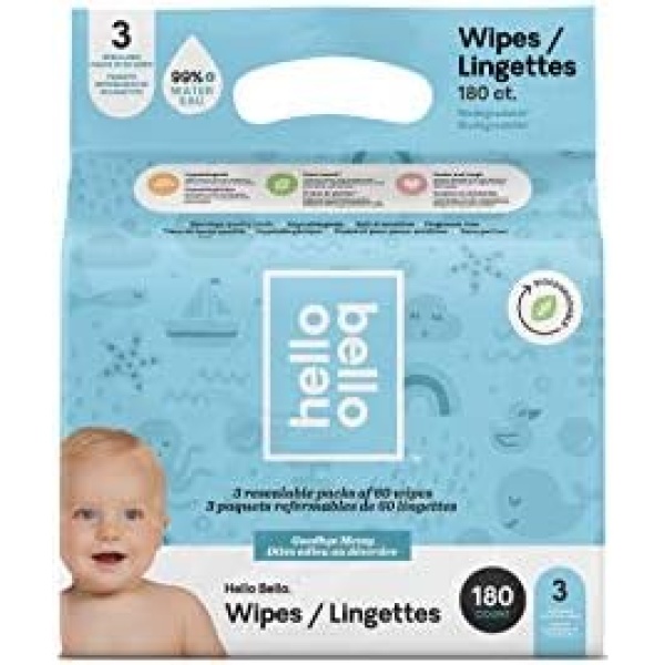 Hello Bello Baby Wipes, Fragrance Free, Hypoallergenic, 99%+ Water, Unscented Wipes,180 Count