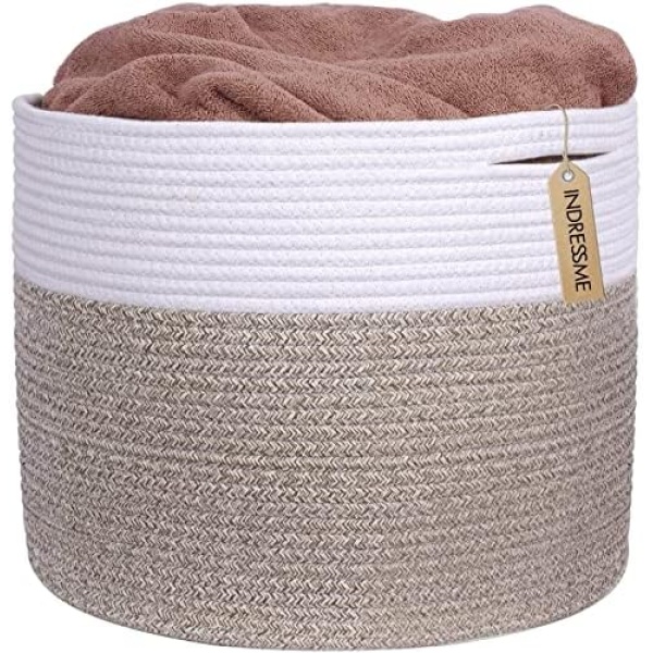 INDRESSME Large Cotton Rope Storage Basket - Woven Blanket Basket in Living Room Pillows Storage Bins with Handles for Toys Plant Basket Home Decor Warm Mix Brown White, 15.8"x15.8"x13.8"