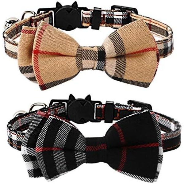 Imikoko Pet Pack of 2 Cat Collars,Adjustable Breakaway Cat Collar Designed with check pattern bowtie and sliver bell ,Bowknot Cute Necklace for Small Dogs and Cats Neck 7.8"-10.2" (Black+Brown)