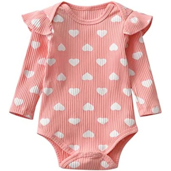 Infant Baby Girls Bodysuit Newborn Long Sleeve Clothes Jumpsuit Heart Print Ruffled Ribbed One Piece