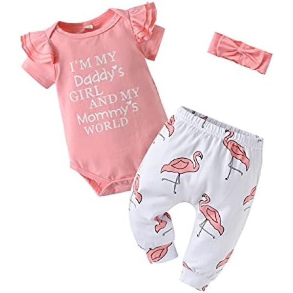 Infant Baby Girls Clothes Outfit Newborn Short Letter Print Top Romper Floral Pant Bow-knot Headband 3Pcs Clothing Set