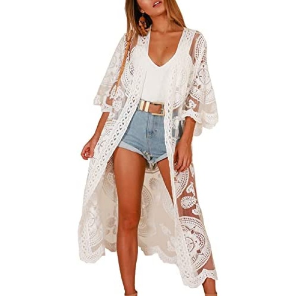 JDiction Women Swimsuit Cover Up Bathing Suit Kimono Long Beach Dress Floral Lace Bikini Swim Coverup