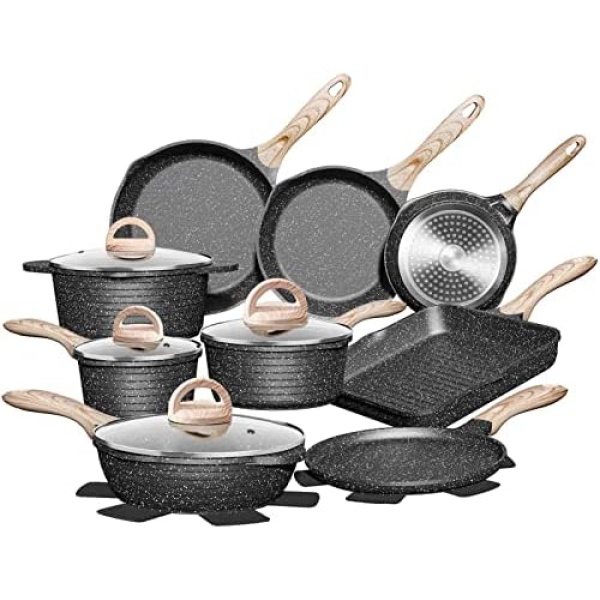 JEETEE Pots and Pans Set, Nonstick Kitchen Cookware Sets, Induction Granite Cooking Pot Set, 20 Pcs w/Frying Pan, Saucepan, Sauté Pan, Egg Pan, Cooking Pots, PFOA Free (Grey 20 Pcs)