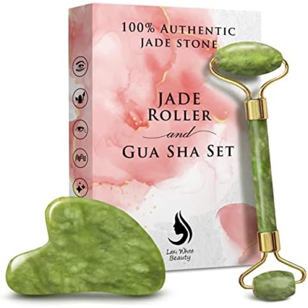 Jade Roller for Face, Jade Gua Sha Set Gua Sha SkinCare Face Roller, Gua Sha Facial Tools, Jade Roller & GuaSha Face Massager, Skin Care Tools & Facial Beauty Products, Guasha Tool for Face (a - Jade) (a - Jade) (Green)