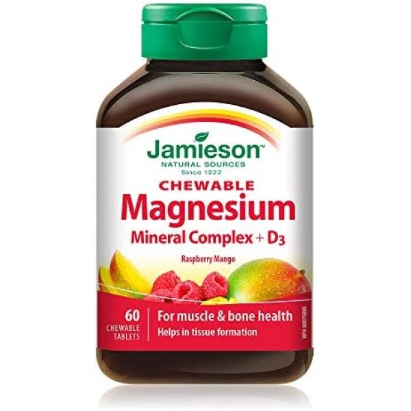 Jamieson Magnesium Mineral Complex - Raspberry Mango Flavour Chewable Tablets, 60 Count (Pack of 1)