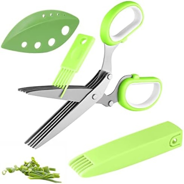 Joyoldelf Gourmet Herb Scissors Set - Master Culinary Multipurpose Cutting Shears with Stainless Steel 5 Blades, Safety Cover and Cleaning Comb for Cutting Cilantro Onion Salad (Green)