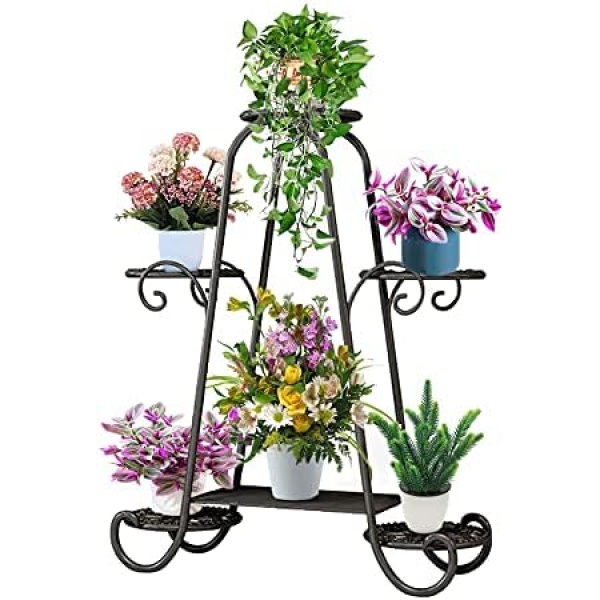 KOLENSA 6 Tier Metal Plant Stands with Round Tray for Indoors and Outdoors, Flower Pot Holder Shelf for Multi Plants, Garden Patio Plant Pot Holding Display Rack