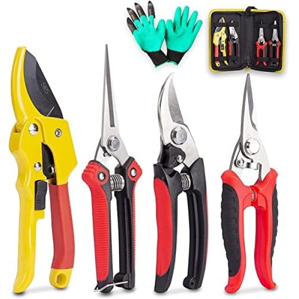 KOTTO 4 Packs Pruner Shears Garden Cutter Clippers, Stainless Steel Sharp Pruner Secateurs, Professional Bypass Pruning Hand Tools Scissors Kit with Storage Bag