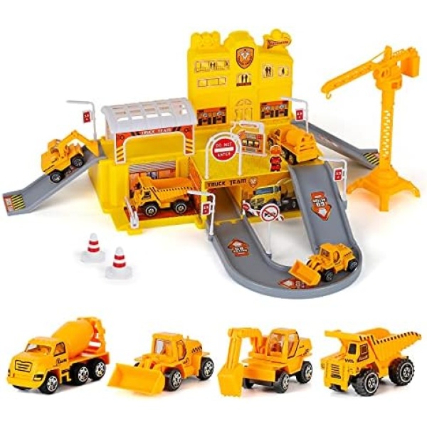 Kids Construction Toys Set, Engineering Truck Vehicle Playsets and Crane, Parking Lot with Race Track, Bulldozer, Mixer, Dump, Excavator Toys Gifts for Boys Kids Girls 3 4 5 6 Years Old