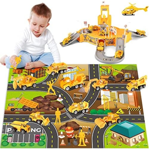 Kids Construction Vehicles Truck Toys Set, Mini Engineering Truck Car Track Parking Lot with Play Mat, Helicopter, Excavator Car Garage Toys Gifts for Toddler Boys Girls 3 4 5 6 7 8 Years Old