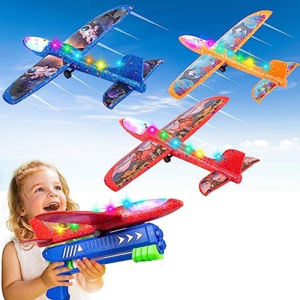 Kids Toys Gifts for 4 5 6 7 8 9 10 11 12 + Year Old Boys Girls Cool Birthday Outdoor Educational Airplane Launcher Toy 3 Pack Led Light Foam Glider Planes Airplanes with 3 Sets of Themed DIY Stickers