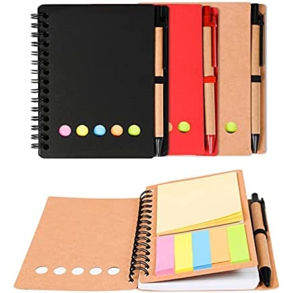 Kisdo 3 Packs Lined Spiral Notebook Kraft Paper Cover Notepad with Pen In Holder, Sticky Notes and Page Marker Colored Index Tabs, 4.5“x5.5” Steno Pocket Business Notebook