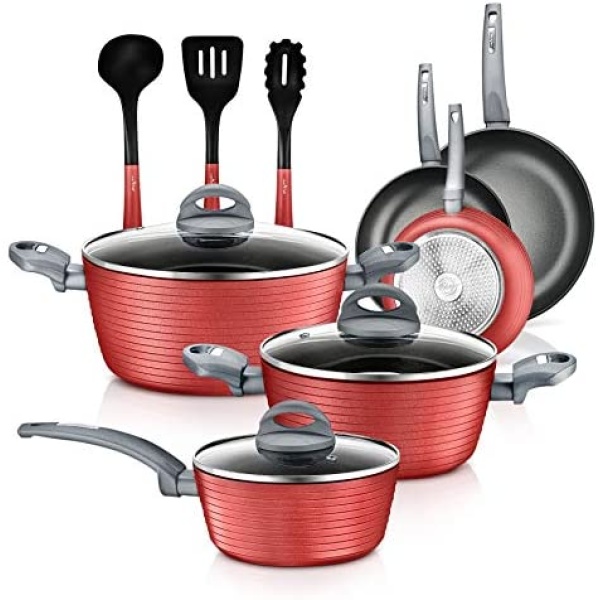 Kitchenware Pots & Pans Set - Stylish Kitchen Cookware, Non-Stick Coating Inside & Outside + Heat Resistant Lacquer Outside, Dark Gray Inside and Red Outside (12-Piece Set) (NCCW12RED)