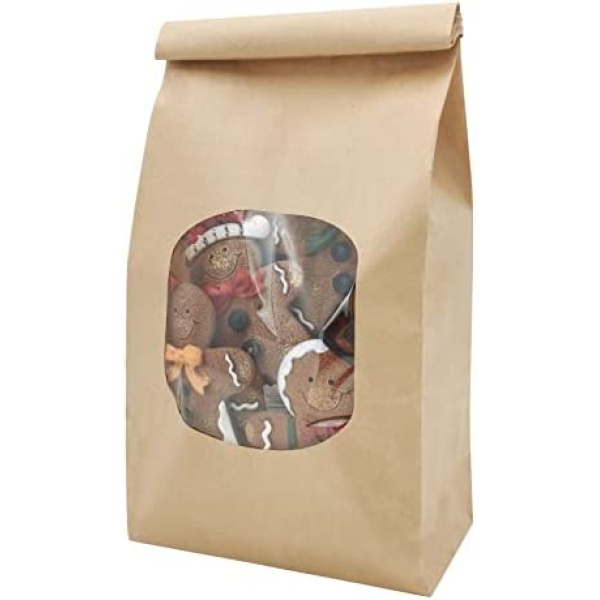 LANSCOERY 25Pack Kraft Bakery Bags Paper Bags with Window, Tin Tie Tab Lock Bags, Cookie Bags, Coffee Bags, Bread Bags, Treat Bags, Popcorn Bags (4.5x2.6x9.7inch)