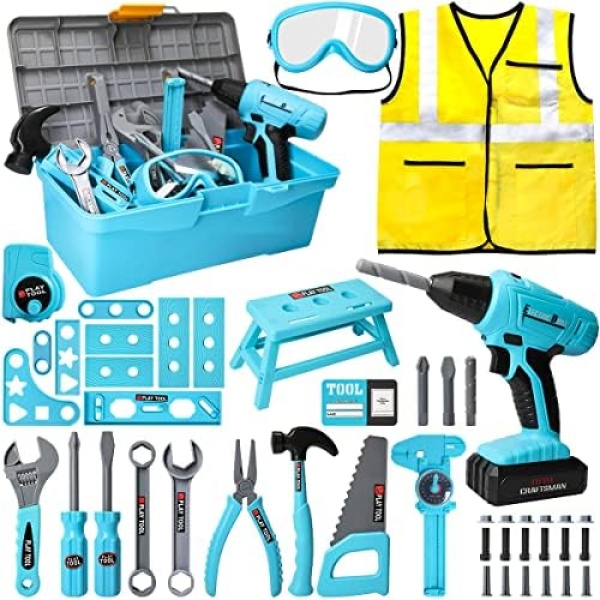 LOYO Kids Tool Set - 50Pcs Kids Tool Box with Construction Costume for Kids, Toddler Tool Set with Electric Toy Drill for Boys Age 3 4 5 6 7 Years Old