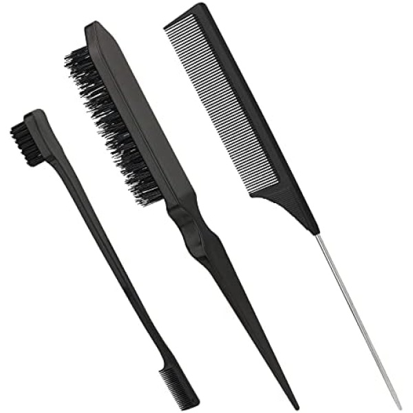 LUTER 3pcs Hair Styling Comb Kit Includes Teasing Hair Brush Fluffy Hair Brush & Rat Tail Comb & Double-Sided Edge Brush for Teasing Hair Slicking Brushing Combing Styling Hair (Black)