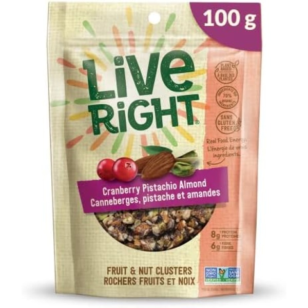 Live Right Healthy Snacks, Gluten Free Snack Bag with Dried Fruit, Nuts, & Pumpkin Seeds - Cranberry Pistachio Almond Fruit & Nut Cluster, 100g Pouch