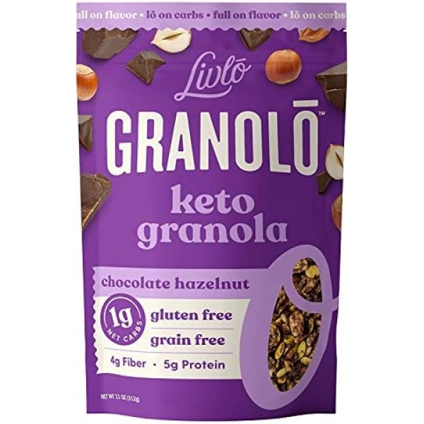 Livlo Keto Granola Cereal - 1g Net Carbs - Grain Free & Gluten Free Cereal - Low Carb Keto Snacks & Food - Ketogenic, Paleo & Diabetic Friendly - Chocolate Hazelnut, 11oz