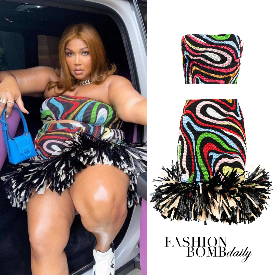 Lizzo Pulled Up in a Multicolored Emilio Pucci Strapless Top and Fringed Mini Skirt