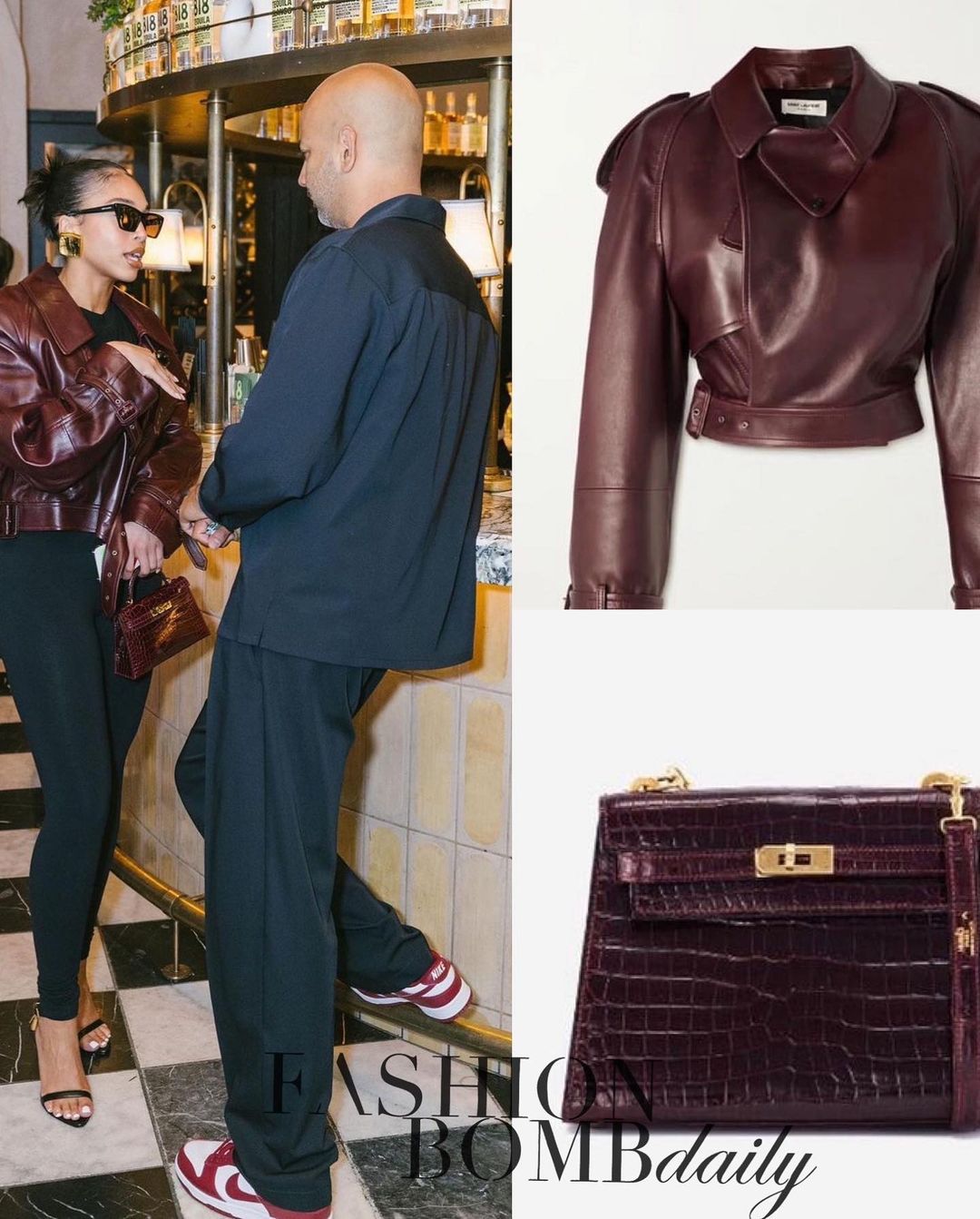 Lori Harvey Wore a Saint Laurent Lambskin Cropped Moto Jacket and a Burgundy Hermes Kelly 20 Bag While Out in LA