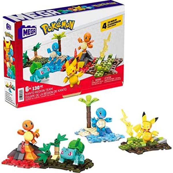 MEGA Pokemon Kanto Region Team Toy Building Set, Pikachu, Squirtle, Charmander, Bulbabsaur, 130 Bricks And Special Pieces, For Boys And Girls, Ages 6+