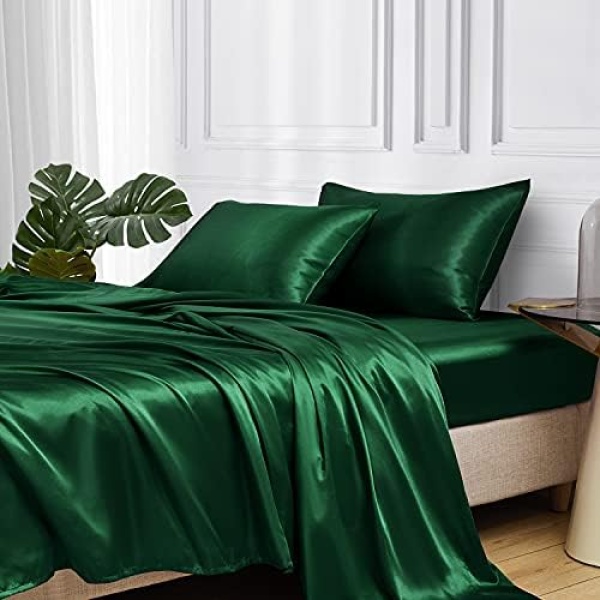 MR&HM Satin Bed Sheets, Queen Size Sheets Set, 4 Pcs Silky Bedding Set with 15 Inches Deep Pocket for Mattress (Queen, Dark Green)