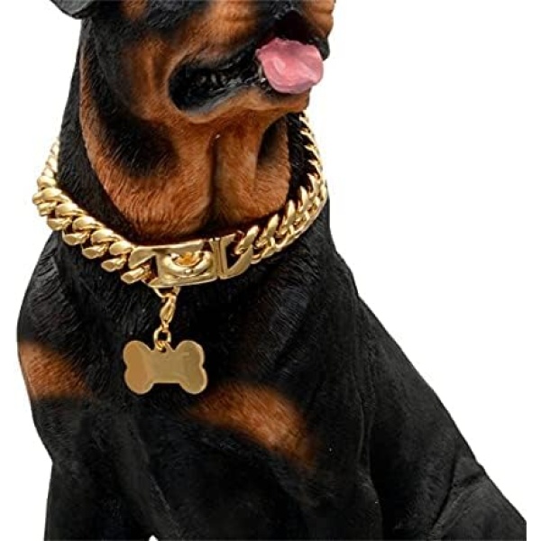 MTRSUE 15MM Gold Dog Chain Choke Collar,18K Solid Cuban Link, Heavy Duty Chew Resistant with Design Secure Buckle, for Medium Large Dogs (18inch)